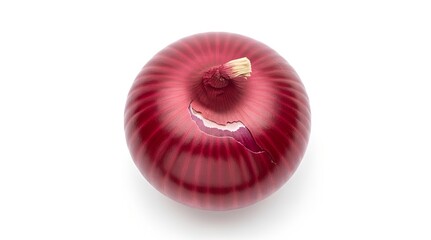 A single whole red onion with purple skin and a small stem, viewed from directly above on a clean white background.