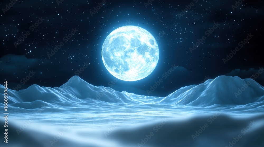 Poster moody full moon rising over a desolate mountain range, creating a hauntingly beautiful scene.