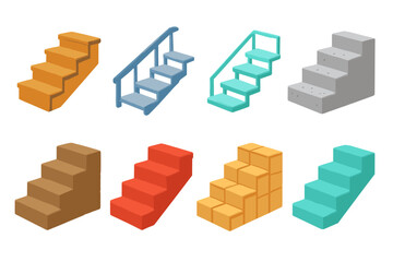 Colorful Stair Icons. Flat vector mini-illustrations stair materials in colors children's illustrations: wood stairs, metal stairs