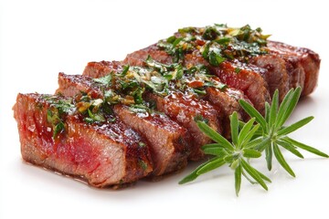 Sliced steak with herb sauce
