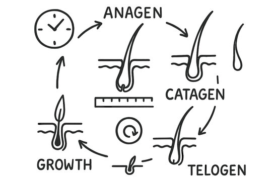 Hair Growth Cycle Diagram. Hand-drawn doodle illustration hair growth cycle hair follicle, anagen icon, catagen icon, telogen icon