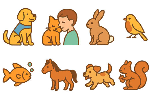 Grief Support Animals. Flat vector mini-illustrations grief support animals in colors children's illustrations: therapy dog,