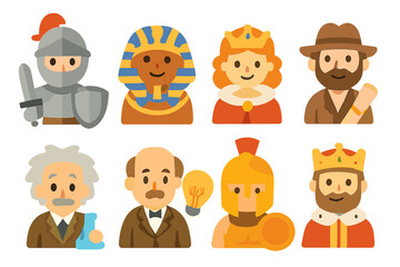 Historical Icons Grid. Flat vector mini-illustrations famous historical figures in colors children's illustrations: knight,