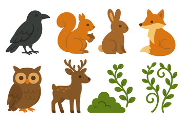 Colorful Wildlife Grid. Flat vector mini-illustrations rampart wildlife in colors children's illustrations: ravens, squirrels,