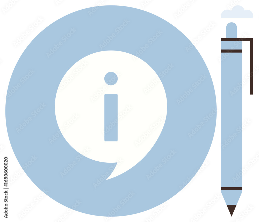 Poster speech bubble with i for information paired with a pen symbolizing communication, documentation, and