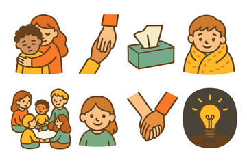 Comforting Care Icons. Flat vector mini-illustrations comforting sorrow in colors children's illustrations: comforting hug,