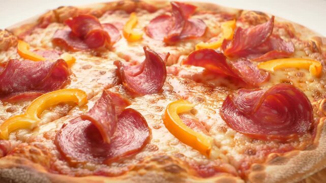 Delicious pizza with pepperoni and pepper close-up