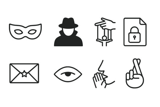Hidden Agenda Icons. Outline icon set of hidden agenda signs: mask, shadow figure, puppet strings, locked file, secret letter, eye