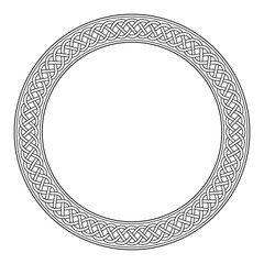 Celtic cable knit pattern, or braid pattern, circle frame in retro style. Decorative border with overlapping and crossing lines forming a woven and multi-layered texture. Isolated, black and white.
