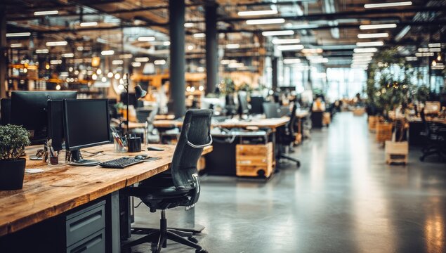 Industrial open-plan office, wooden desks, modern