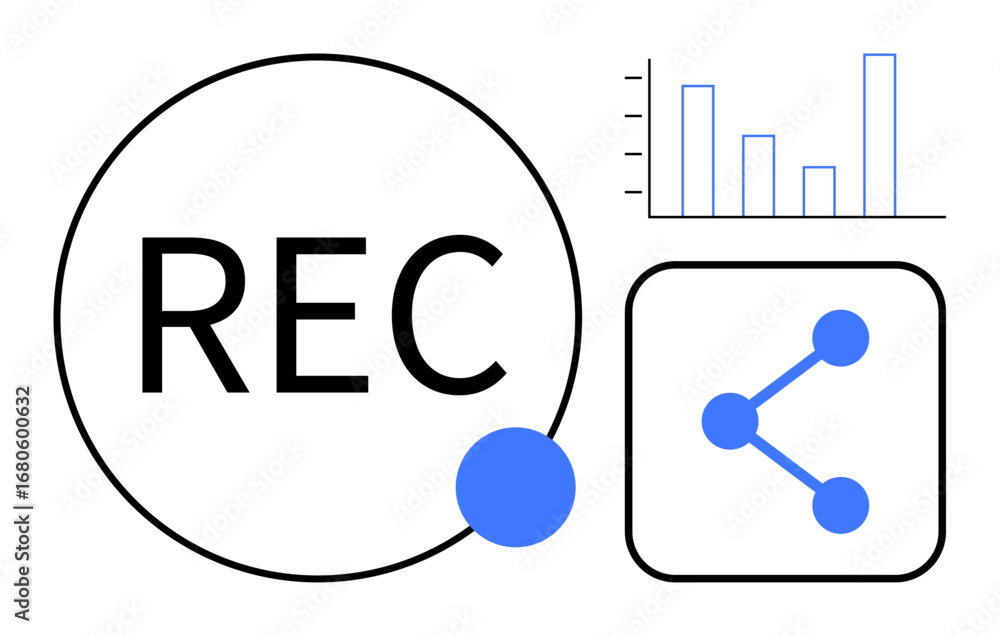 Poster recording button, bar graph, and sharing icon represent data recording, analytics, and sharing. idea