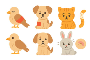 Naklejka premium Injured Animals Icons. Flat vector mini-illustrations hurt animals in colors children's illustrations: injured bird, hurt puppy,