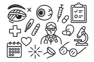 Eye Injury Essentials. Hand-drawn doodle illustration lens lens injury eye, lens, bandage, syringe, pill, thermometer, clipboard,