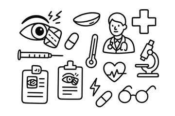 Eye Injury Essentials. Hand-drawn doodle illustration lens lens injury eye, lens, bandage, syringe, pill, thermometer, clipboard,