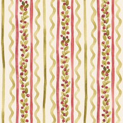 Geometric seamless pattern hand drawn with watercolor. Retro style design with abstract watercolor lines, green leaves and red berries. Cute repeating tile in old style