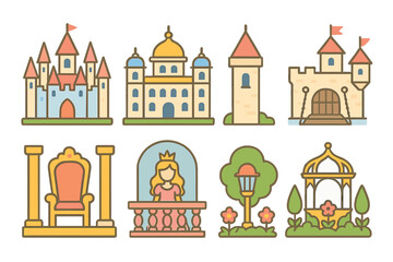 Fairy Tale Castles. Flat vector mini-illustrations princess castles and palaces in colors children's illustrations: fairy tale