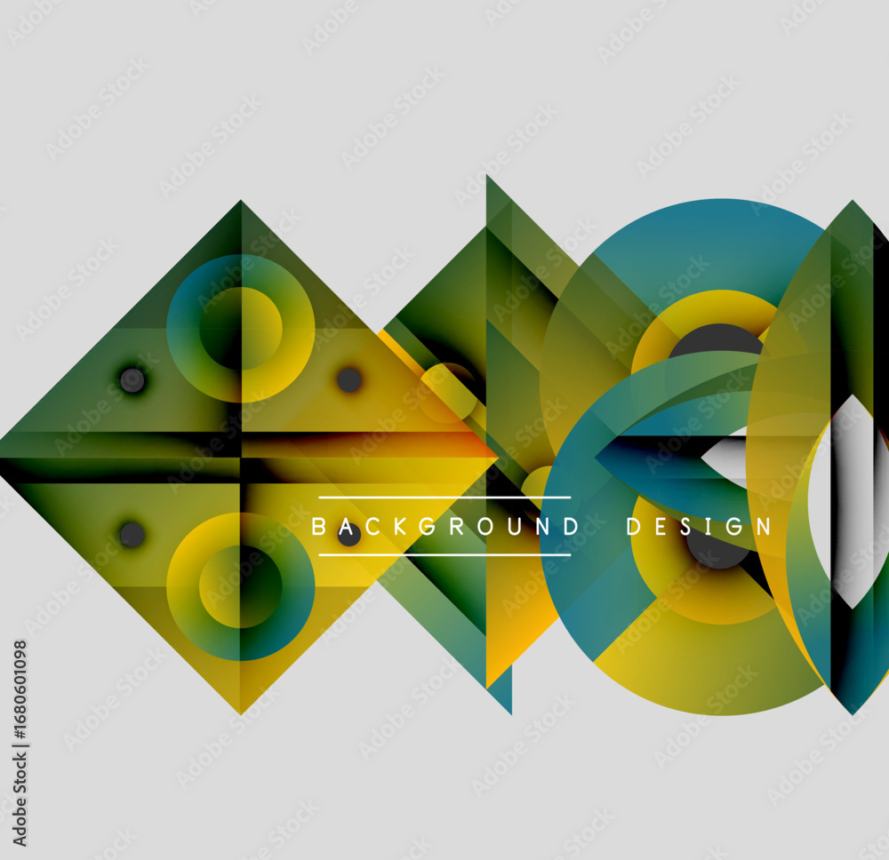 Poster abstract geometric shapes overlap. vibrant colors blend, creating dynamic visual effect. modern desi