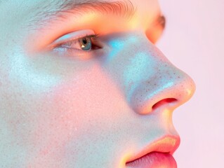 Close-Up Portrait of Person with Vibrant Light Reflecting on Smooth Skin and Expressive Eye Details