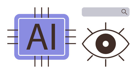 AI chip, stylized eye representing vision, and search bar denoting digital exploration, innovation. Ideal for machine learning, artificial intelligence, data analysis, technology, future research