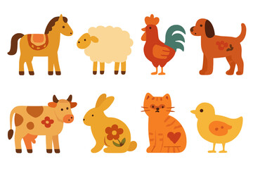 Obraz premium Folk Animals Grid. Flat vector mini-illustrations folk animals in colors children's illustrations: horses, sheep, roosters, dogs,