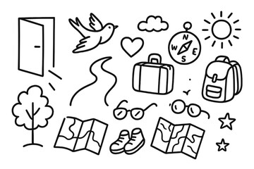 Freedom and Travel Doodles. Hand-drawn doodle illustration freedom and choice open door, bird, suitcase, road, heart, compass, sun