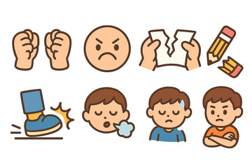 Frustration Icons Grid. Flat vector mini-illustrations failure and frustration in colors children's illustrations: clenched fists,