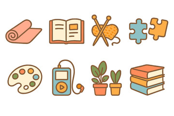Isolation Hobbies Icons. Flat vector mini-illustrations isolation hobbies and self-care in colors children's illustrations: yoga