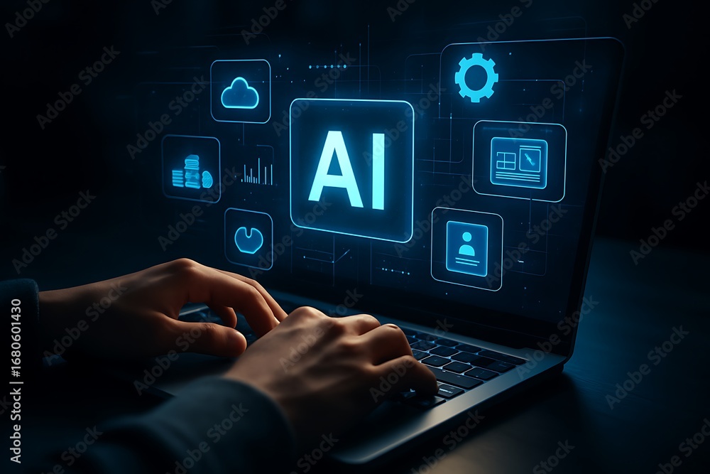 Poster person typing on a laptop with a glowing artificial intelligence interface, representing futuristic 