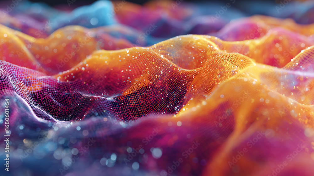 Poster abstract colorful background dynamic colorful digital particle wave flowing on black background. abs