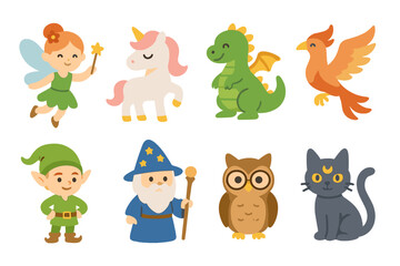 Fototapeta premium Magical Creatures Grid. Flat vector mini-illustrations magical creatures in colors children's illustrations: fairy, unicorn,