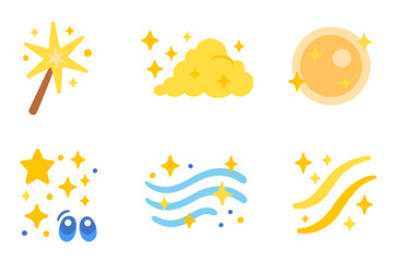 Magical Children's Icons. Flat vector mini-illustrations magical surprise in colors children's illustrations: glowing wand, magic