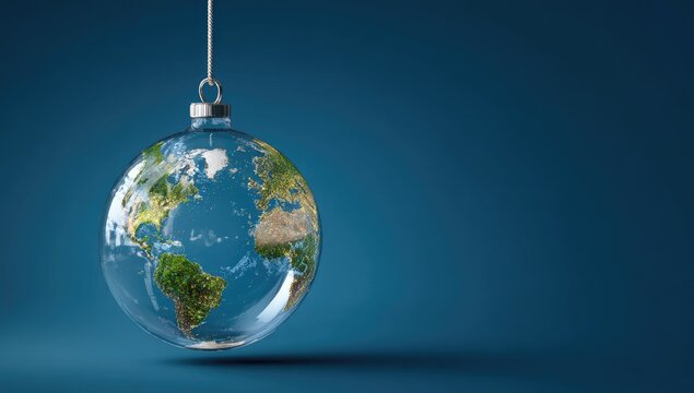 Clear glass Christmas ornament shaped like Earth