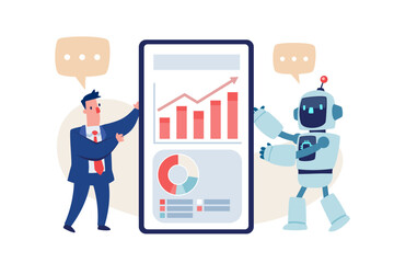 businessman and robot discuss business strategy beside big screen with charts