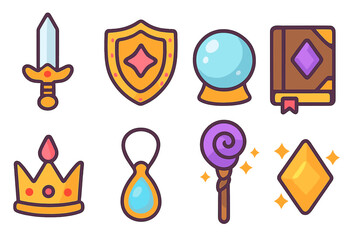 Magical Artifacts Grid. Flat vector mini-illustrations magical artifacts in colors children's illustrations: enchanted sword,