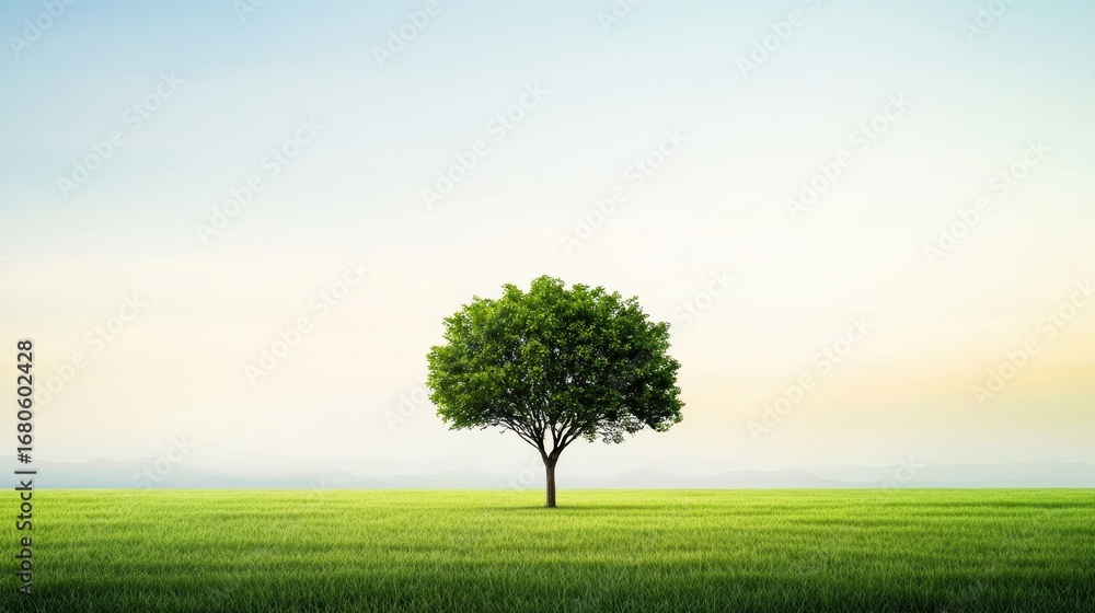 Poster quiet single tree in a vast open field under soft morning light.