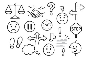 Fototapeta premium Mental Dilemma Icons. Hand-drawn doodle illustration wavering thoughts scales, shaking hand, question mark, forked path, hesitant