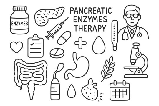 Medical Elements Doodle. Hand-drawn doodle illustration pancreatic enzymes therapy enzyme bottle, pancreas, syringe, pill,