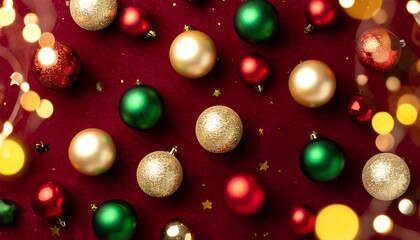 Festive ornaments scattered on a dark red background with gold stars and bokeh lights