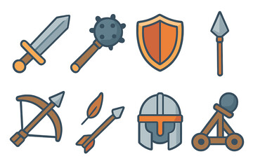 Medieval Weapons for Kids. Flat vector mini-illustrations medieval castle weapons in colors children's illustrations: sword, mace,