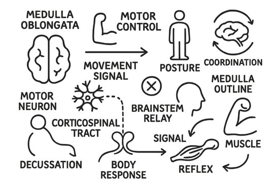 Medulla Motor Pathways. Hand-drawn doodle illustration medulla oblongata and motor control limb icon, posture figure, movement
