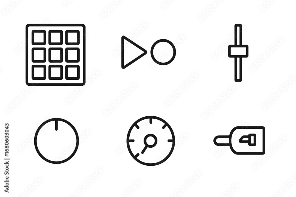 Poster midi pad icon set. outline icon set of midi pad functions: pad grid, play/pause, record, volume cont