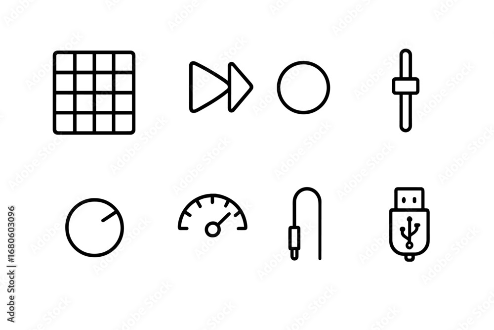 Poster midi pad icon set. outline icon set of midi pad functions: pad grid, play/pause, record, volume cont