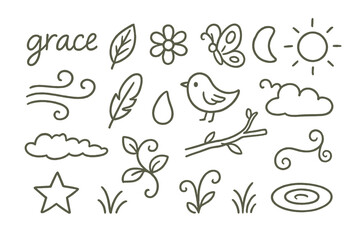 Nature Doodle Icons. Hand-drawn doodle illustration grace nature leaf, flower, bird, butterfly, soft breeze, tree branch, sun,