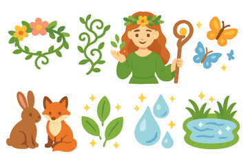 Obraz premium Nature Enchantress Icons. Flat vector mini-illustrations nature enchantress in colors children's illustrations: flower crown,