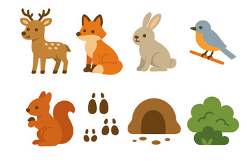 Fototapeta premium Nature Icons for Kids. Flat vector mini-illustrations wildlife trail in colors children's illustrations: deer, fox, rabbit, bird,