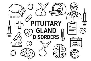 Pituitary Gland Icons. Hand-drawn doodle illustration pituitary gland disorders tumor, pituitary gland, MRI scanner, doctor,