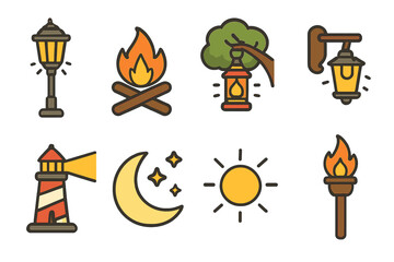 Outdoor Light Icons. Flat vector mini-illustrations light in outdoor environments in colors children's illustrations: street lamp,