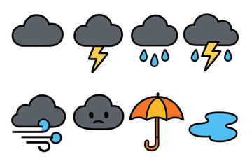 Obraz premium Playful Weather Icons. Flat vector mini-illustrations black cloud in colors children's illustrations: dark cloud, lightning bolt,