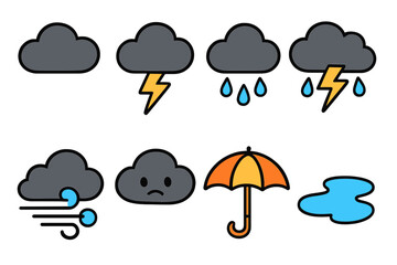 Obraz premium Playful Weather Icons. Flat vector mini-illustrations black cloud in colors children's illustrations: dark cloud, lightning bolt,