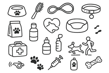 Pet Care Essentials. Hand-drawn doodle illustration family pet care pet bowl, grooming brush, leash, collar, food bag, vet icon,